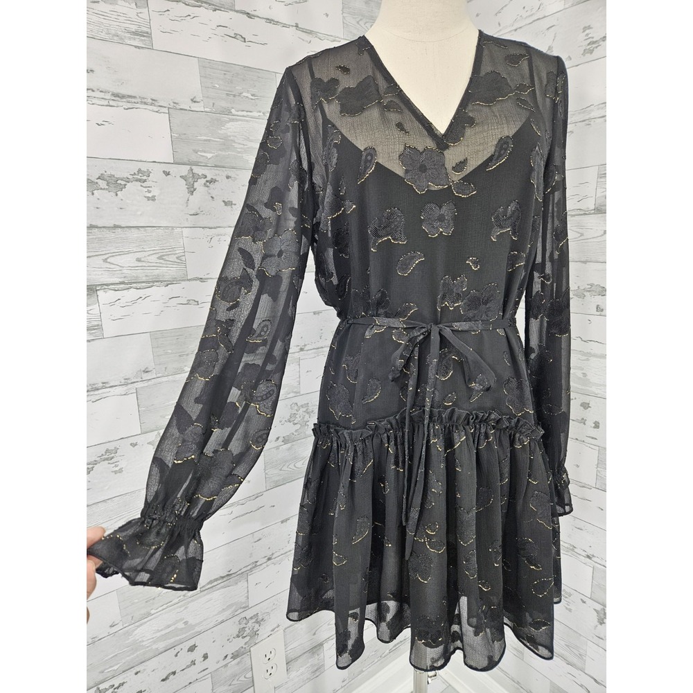 Allsaints Alia Flora Dress Black Sheer Overlay Gold Floral Patterns Women M - Picture 2 of 9